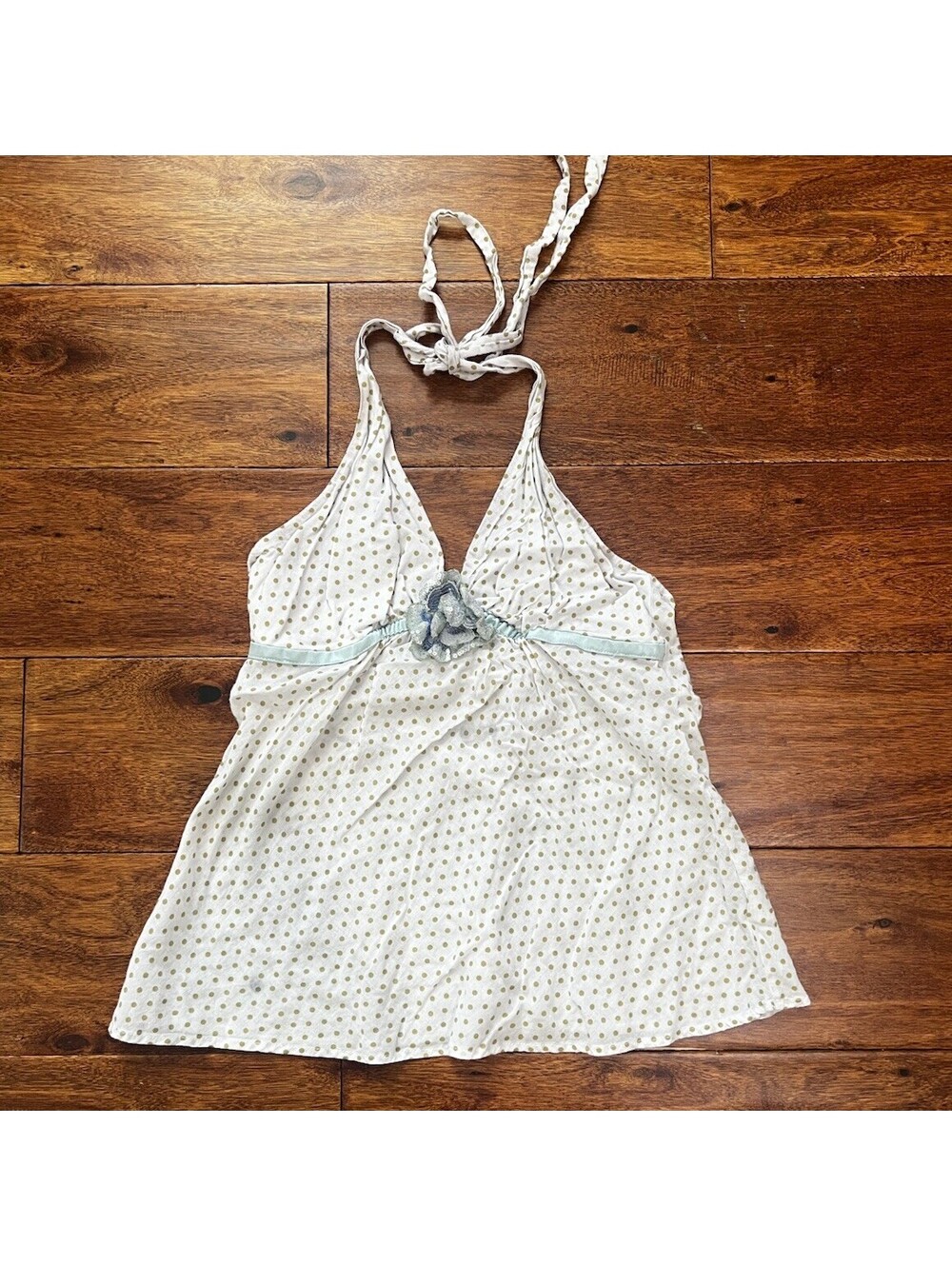 Symmetry Y2K Polka Dot Halter Top Sequin Flower Rosette Ribbon Trim Size 6
